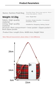 Detailed size specifications of the vintage red plaid baguette bag with measurements