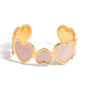 Vintage 18K Gold Plated Stainless Steel Open Bangle Pink Enamel Heart Design Marble Texture Fashion Jewelry Bracelet For Women