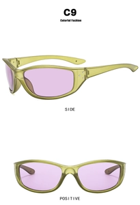 Front and side views of Y2K futuristic wrap cycling sunglasses in olive green and purple