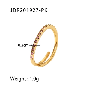 18K gold plated stainless steel slim ring with pink cubic zirconia, 0.2cm width