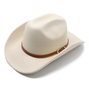 Detail of off-white cowboy hat featuring a brown leather band and gold metal buckle