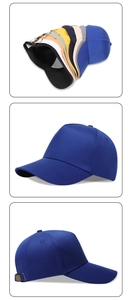 Detail view of cotton baseball caps showing adjustable metal buckle and multi-color options