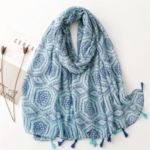 Ethnic Geometric Print Long Scarf Shawl Polyester Bohemian Tassels Beach Wrap Sunscreen Lightweight For Women