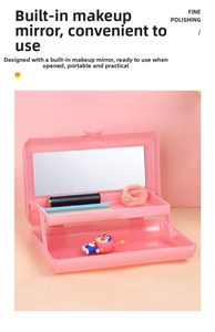 Detail view of pink double-layer folding cosmetic box with a built-in makeup mirror