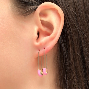 S925 silver pin safety pin earrings with pink enamel and gold-plated finish