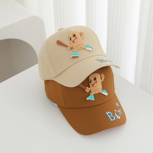 Children's cartoon baseball cap in beige and brown with 3D figure and BAM embroidery