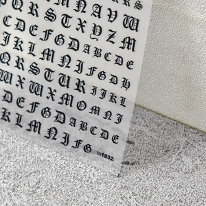 Detail shot of black gothic alphabet 5D nail art stickers on clear background