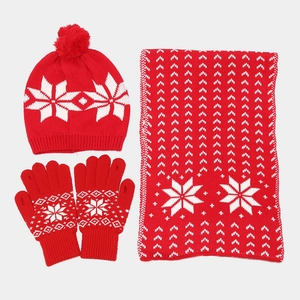 Winter 3-piece set with red knit beanie scarf and gloves featuring white snowflake patterns