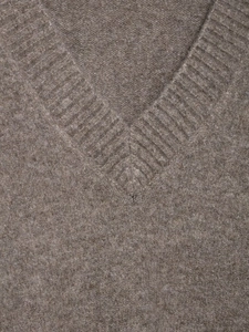 Detailed macro view of V-neck ribbed neckline and soft knit texture on grey-brown sweater