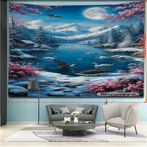 Detail of 300x180cm mountain lake snow scene tapestry for modern living room decor