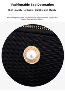 Dettaglio del tessuto in nylon nero con perla decorativa e cerniera in metallo dorato