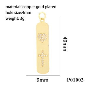Detail view of 18K gold plated copper cross pendant with heart zircon inlay dimensions