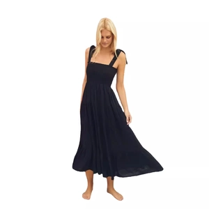 Elegant black sleeveless tiered midi dress with square neck and adjustable tie straps
