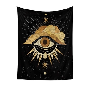 Detail of celestial tapestry featuring golden all-seeing eye, clouds, and mystical text