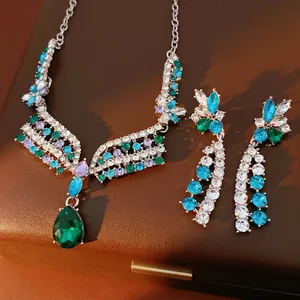 Vintage Jewelry Set Alloy Rhinestone Crystal Necklace Tassel Earrings With Silver Earring Post Elegant Teardrop Women