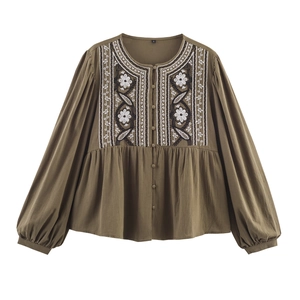 Chemisier Vintage Brodé À Manches Longues Pour Femmes Col Rond Boutonné Décontracté Boho Ethnique Haut Vert Olive