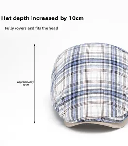 Detail view of blue and white plaid cap showing the 10cm deepened crown structure
