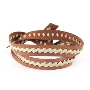 Detail of hand-woven synthetic leather rope in brown and beige with intricate stitching