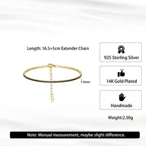Handmade 1.5mm black cubic zirconia tennis bracelet in 14K gold plated S925 sterling silver