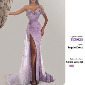 Purple Sequin Maxi Dress High Slit Spaghetti Strap Off Shoulder Evening Gown Slim Fit Elegant Party Wear For Women