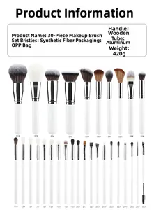 Close-up of 30-piece professional makeup brush set with white wooden handles and silver ferrules