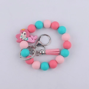 Handmade silicone bead bracelet keychain with pink mermaid charm and stylish tassel accessory