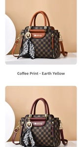 Detail view of checkered pattern handbags with leopard silk scarf and gold hardware