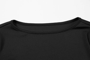 Detailed close-up of the round neckline and stitching on a black long-sleeve dress
