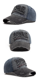 Detail of vintage 1962 baseball cap with distressed brim and patchwork cotton fabric