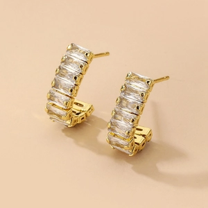 C-Shape Hoop Earrings Baguette Zircon Alloy Geometric Simple Fashion Elegant Women With 925 Sterling Silver Earring Post