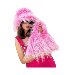 Bright pink faux fur bucket hat and matching plush handbag set for stylish winter fashion