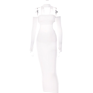 Detail of white halter neck maxi dress featuring sexy waist cut-outs and a slim fit design