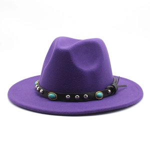 Detailed view of purple wool fedora hat featuring black leather band and turquoise stone