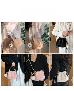 Detail shots of bucket bags in khaki, black, pink, and beige with plush sheep charms