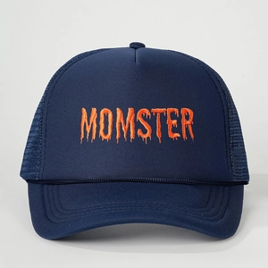 Navy blue trucker hat with orange MOMSTER embroidery and breathable mesh panels