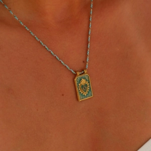 Fashion heart tarot pendant necklace with blue enamel and colorful braided cord