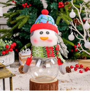 Detail of Christmas snowman candy jar with plush hat on a rustic wooden base