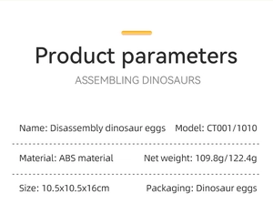 Detailed specifications for ABS disassembly dinosaur egg toy including size and weight