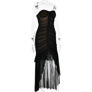 Detail of black strapless dress featuring layered mesh rushing and ruffled hemline
