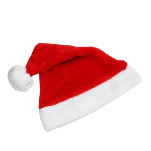 Classic red plush Christmas hat with white faux fur trim and pom-pom on white background
