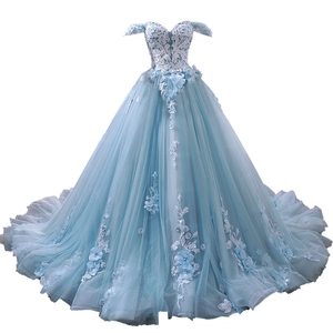 Sky blue off-shoulder ball gown wedding dress with white lace and 3D floral details