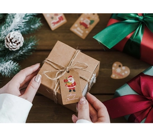 Christmas paper gift tags with cute Santa Claus illustration, perfect for holiday wrapping.