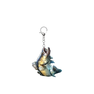 Detail of a realistic largemouth bass acrylic keychain with high-resolution scale patterns