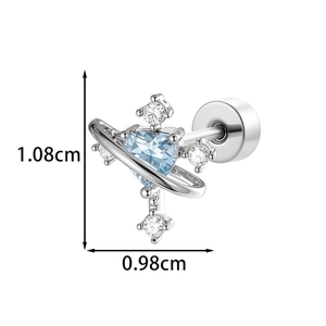 Star-track heart zirconia stud earring in silver with blue gemstone and screw back