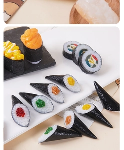 Detailed macro view of realistic sushi food models with vivid textures on a stone plate