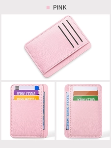 Pink lychee texture PU leather card holder with 7 slots shown from multiple angles