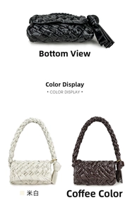Detail of woven leather texture and knot design on handle of chic crossbody handbags
