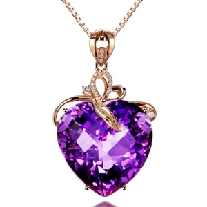 Elegant 18K rose gold plated heart-shaped amethyst pendant necklace with diamond accents