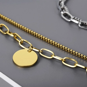 Minimalist double-layer gold stainless steel chain bracelet with round coin pendant charm