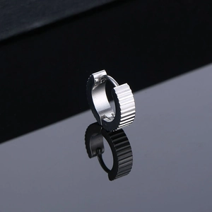 Punk style stainless steel gear earrings with vertical stripes on black mirror background